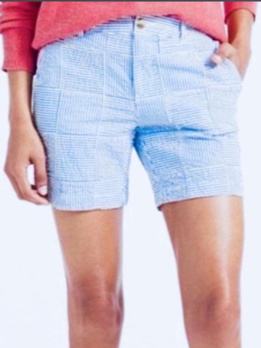 L.L. Bean Favorite Fit Shorts Blue White Striped Patchwork Cotton 6 Regular